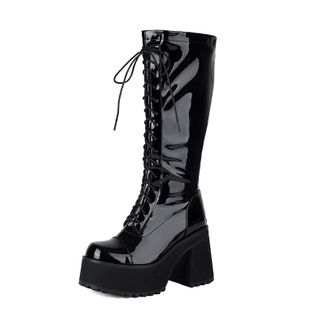 Generic Womens Lace Up Knee High Boots with Zipper Patent Leather Long Boots Block High Heel Platform Boot,Black1,5.5 UK