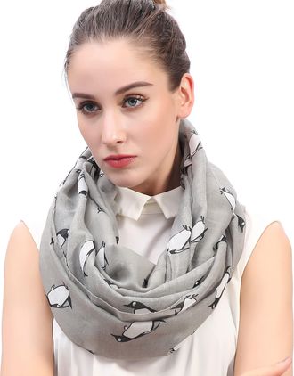 Lina & Lily Penguin Print Lightweight Snood Scarf (Grey)