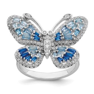 Diamond2Deal Sterling Silver Rhodium-plated Polished Blue & White Cubic Zirconia Butterfly Ring