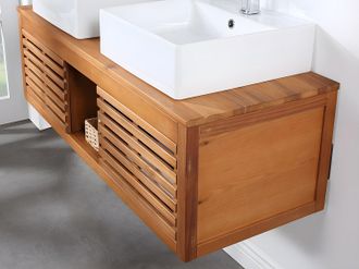 Vente-Unique Mueble de ba&ntilde;o suspendido de madera de acacia con doble lavabo y espejos - 130 cm - PENEBEL
