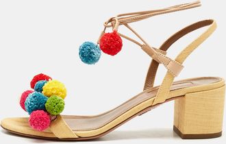 Aquazzura Multicolor Raffia Pom Pom Thong Ankle Tie Sandals