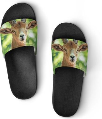 Generic Goat with Curved Horns Unisex Beach Slippers & Pool Slides Anti-Slip House Shoes for Home Outdoor