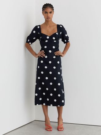 Reiss Petite Linen Puff-sleeve Polka-dot Midi Dress, 14