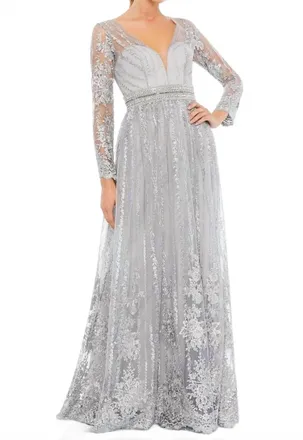 Mac Duggal Sheer Sleeve A-Line Formal Gown In Platinum