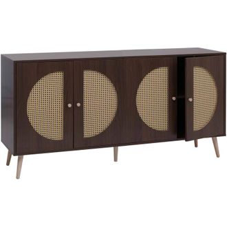 Hhg Credenza HHG-894, armadio cassettiera con ante, ripiani, frontale in polyrattan, MDF melaminico 80x160x40cm, color noce