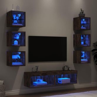 vidaXL Vidaxl - Muebles Tv Pared Con Led 8 Pzas Madera Ingenier&iacute;a Roble Ahumado