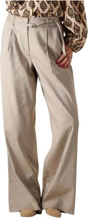 Summum Broeken, Dames, Beige, M, Linnen, Wijde Linnenmix Twill Broek