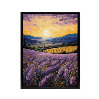 Artery8 Lavender Fields At Sunrise Framed Canvas Wall Art Print in Purple | Size: W24 x H32