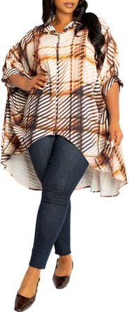 Buxom Couture Mixed Geo Print High-Low Button-Up Shirt in Brown Multi at Nordstrom, Size 2 X