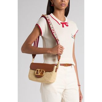 Valentino Garavani VLOGO Alltime Crochet Raffia & Leather Shoulder Bag in Natural Multi at Nordstrom