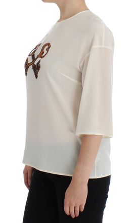 Dolce & Gabbana Womens White Sequined Key Silk Blouse T-Shirt Top