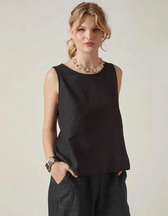 James Lakeland Womens Black Linen Blend Sleeveless Button-Back Top - Size: 16