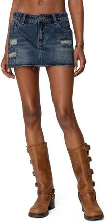 Edikted Hunter Distressed Raw Edge Denim Miniskirt in Dark-Blue at Nordstrom, Size X-Small