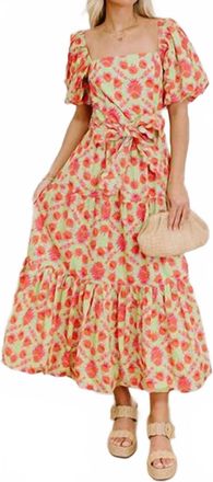Peach Love California Floral Tiered Scalloped Belt Maxi Dress In Spring Green & Orange