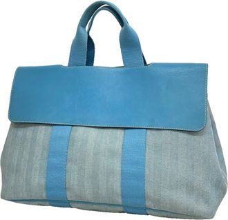 Herm&egrave;s Blue Jean Toile Chevron Tote Bag (Pre-Owned)