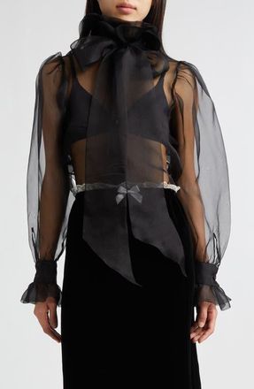 Tanner Fletcher Gender Inclusive Simone Pussy Bow Sheer Silk Organza Shirt in Black at Nordstrom, Size 1