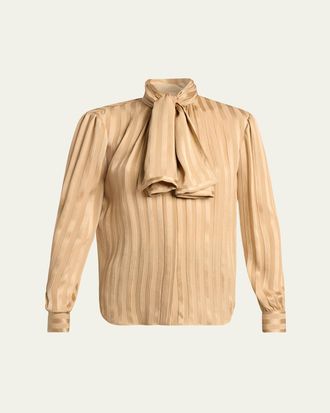 Saint Laurent Lavalliere Striped Silk Long-Sleeve Blouse