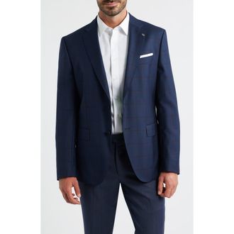 BOSS Hutson Slim Fit Navy Windowpane Check Wool Sport Coat in Dark Blue at Nordstrom Rack, Size 40 Regular
