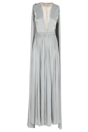 Nissa Verde Crystal-Embellished Pleated Evening Dress