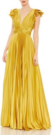 Mac Duggal Pleated Ruffled Cap Sleeve Cut Out Lace Up Gown in Chartreuse at Nordstrom, Size 2