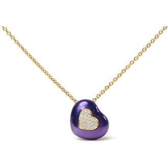 House of Brilliance 18K Yellow Gold Blue Enamel 1/10 Cttw Diamonds Heart Shape Pendant Necklace at Nordstrom
