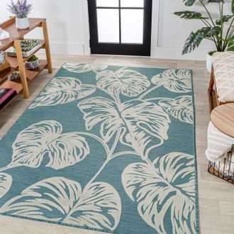 Jonathan Y Designs Tobago High-Low Two-Tone Monstera Leaf Light Green/Ivory Runner Rug
