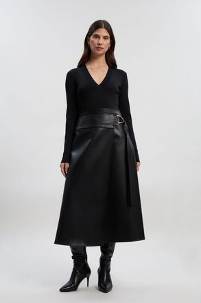 Karen Millen Womens Petite Figure Form Pu Mix Tab Detail Pleated Knit Midi Dress - Black viscose - Size X-Small