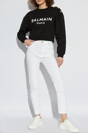 Balmain Cropped Sweatshirt With Printed Logo, Womens, Black