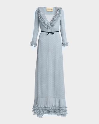 Valentino Garavani Polka Dot Layered Ruffle Sheer Gown with Ribbon