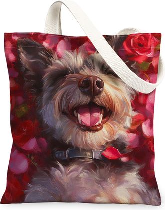 Generic Valentines Day Shih Tzu Dog Canvas Tote Bag for Shopping 13x15, Lover Rose Puppy Reusable Grocery Print Bag for Women, Pet Beach Aesthetic Painting Gi