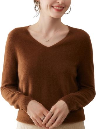 Dissa Women Cashmere Jumper Dark Brown V-Neck Knitted Jumper Long Sleeve Relaxed Cashmere&Wool Thin Plain Ladies Sweater,UK 12,MN655