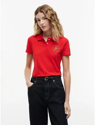 Tommy Hilfiger Womens Slim Fit Metallic Script Monogram Polo - Fire Red - XS