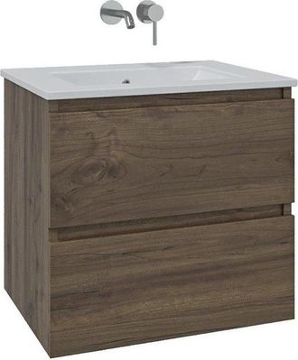 Saniclass Chaci Badkamermeubelset - 80x45x55cm - keramische wastafel glans wit - 1 wasbak - zonder kraangat - 2 lades - noten