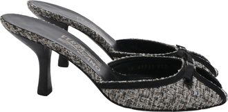 Ferragamo Open-Toe Mule Heels in Grey Tweed