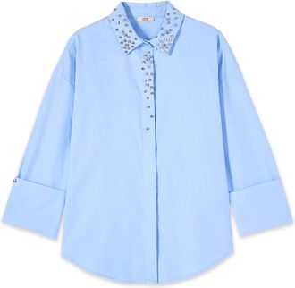 Oltre Shirt met kristallen details - Dames - Overhemden - Blauw - L - Katoen - Overhemden