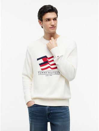 Tommy Hilfiger Mens Relaxed Wavy Flag Logo Crewneck Sweater - Ivory Petal - XXL