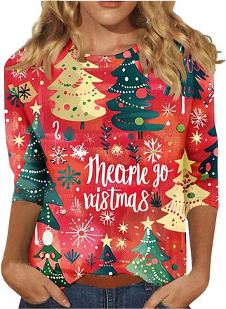 Generic Today Deals Womens Christmas Shirts UK 3/4 Sleeve Crewneck Tunic Tops 2024 Fashion Xmas Elk Snowman Santa Snowflake Print Blouse Dressy Casual Lightwe