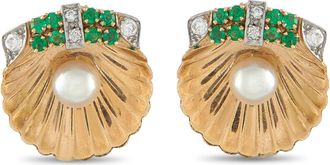Luxury Bazaar Vintage 14K Yellow Gold 0.20ct Diamond, Emerald, and Pearl Clamshell Earrings MF04-071626