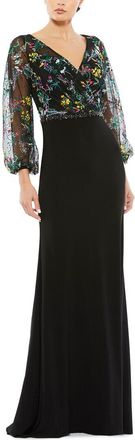 Mac Duggal Embroidered Illusion Puff Sleeve Gown