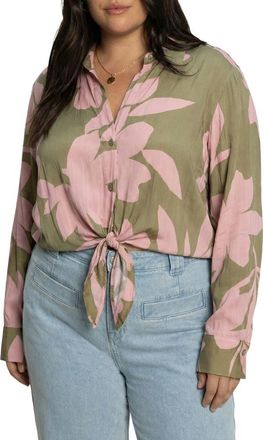 Sanctuary Lover Print Tie Hem Crop Sateen Shirt in Green/Pink Silhouette at Nordstrom, Size 2X
