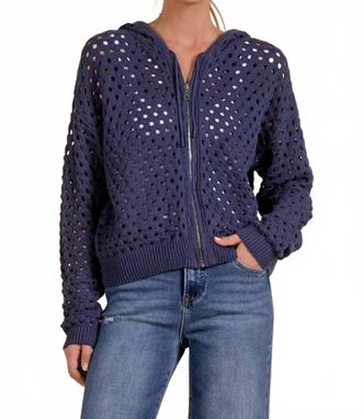 Elan Womens Collette Crochet Zip Hoodie Sweater In Blue