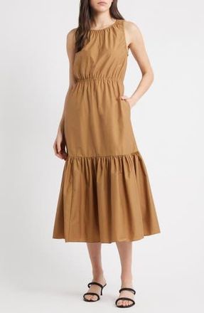 Theory Sleeveless Tiered Cotton Blend Dress in Bronze at Nordstrom Rack, Size Petite
