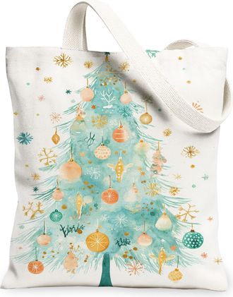 Generic Christmas Tree Canvas Tote Bags, Holiday Ornament Pattern Reusable Grocery Bags, Vintage Lightweight Washable Shoulder Stra, White, 13x15 Inch