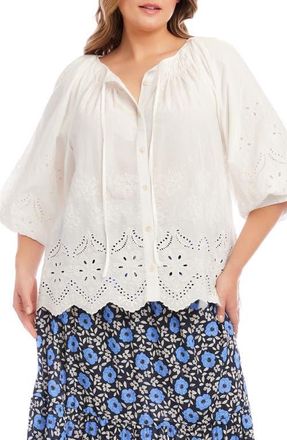 Karen Kane Eyelet Embroidered Cotton Button-Up Top in White at Nordstrom, Size 2 X