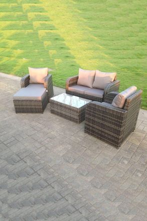 Fimous Rattan Garden Furniture Set Adjustable Chair Sofa Double Love Seat 2 Seater Sofa Oblong Coffee Table Footstool in Dark Grey