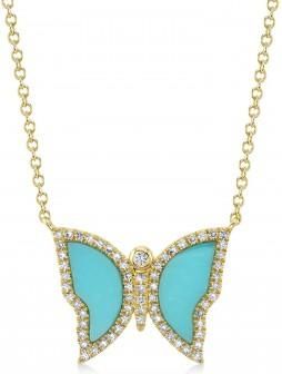 Allurez Diamond & Turquoise Butterfly Pendant Necklace 14K Yellow Gold (1.03ct)