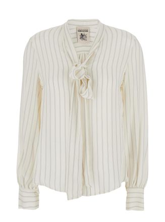 Semicouture White Shirt With Tie Detail On The Front And All-over Striped Motif In Silk Blend Woman