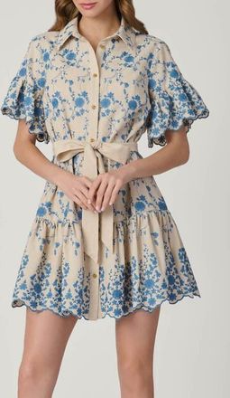 Shoshanna Lima Serra Embroidery Dress in Flax/powder Blue at Nordstrom, Size X-Small