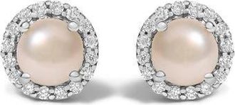 House of Brilliance 10K Gold Gemstone and 1/6 Cttw Diamond Halo Stud Earring in White | Pearl at Nordstrom