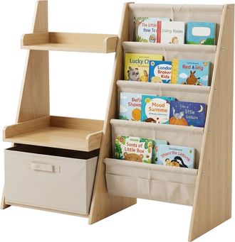 Relaxdays Relaxdays Estanter&iacute;a Infantil 3 En 1, 4 Bolsillos Para Libros, 2 Estantes Y Caja, 80&times;84,5&times;34,5 Cm, Mdf Blanco/natural
